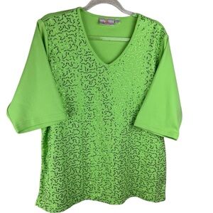 QUACKER FACTORY Sz XL Sequin Front Elbow Sleeve V Neck‎ T Shirt Green